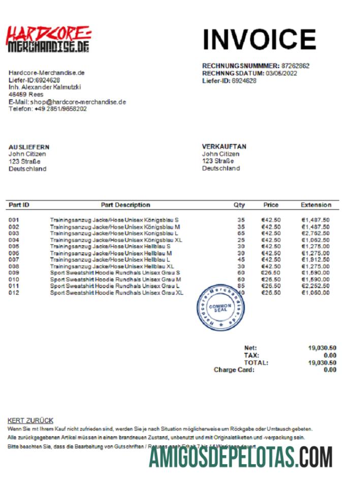 Fatura de mercadoria Hardcore da Alemanha J. C. Doc baixar para verificação
